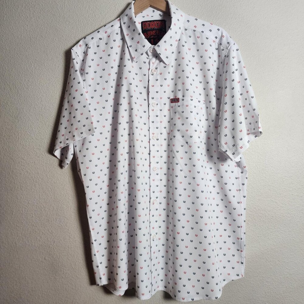 DIXXON Lucky 13 Shirt Mens XL White D-Lite Party Wear Button Front Logo Print